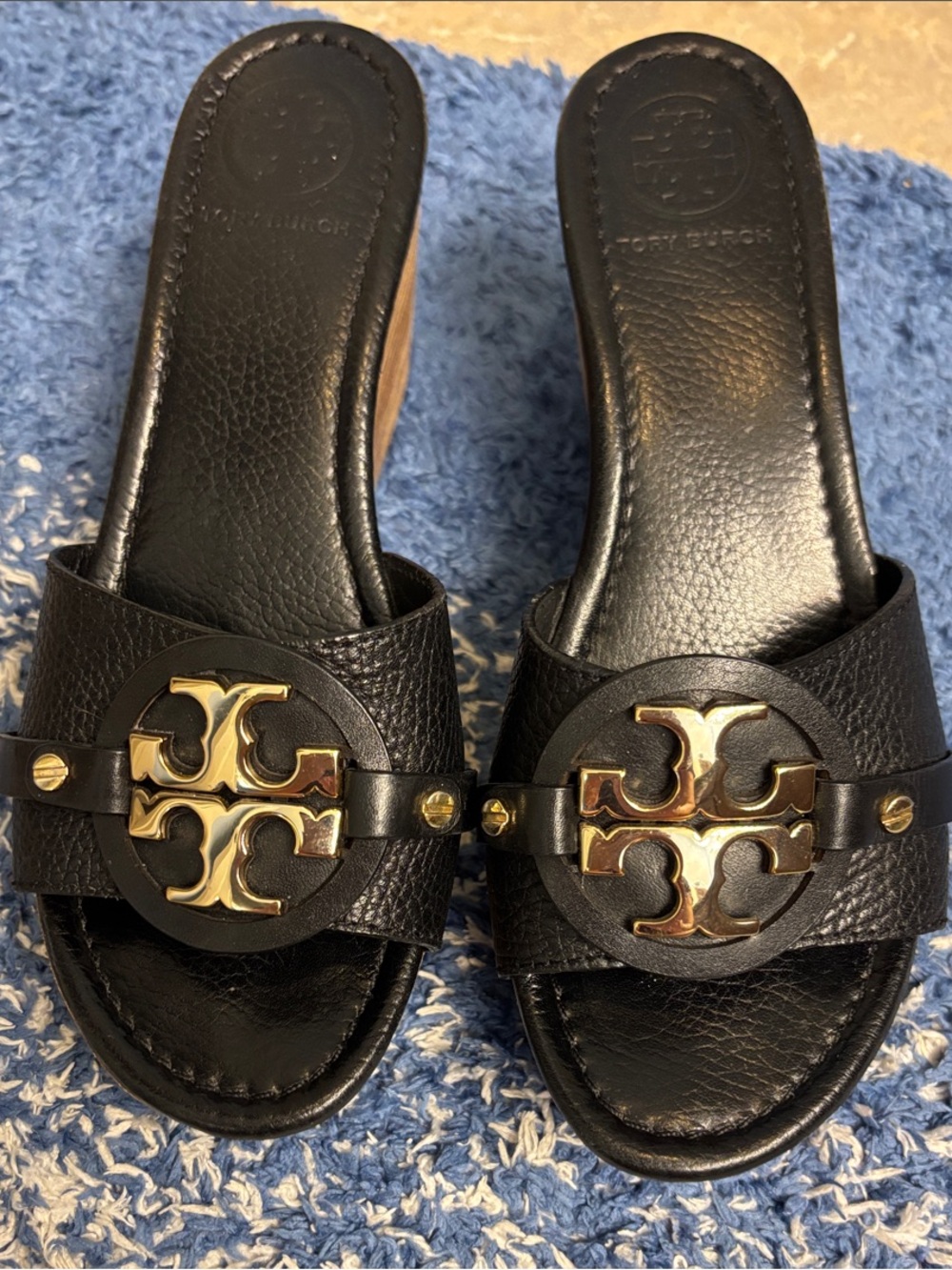 Tory Burch Black Leather Slide Mules with Gold Logo Patty wedge 7 M